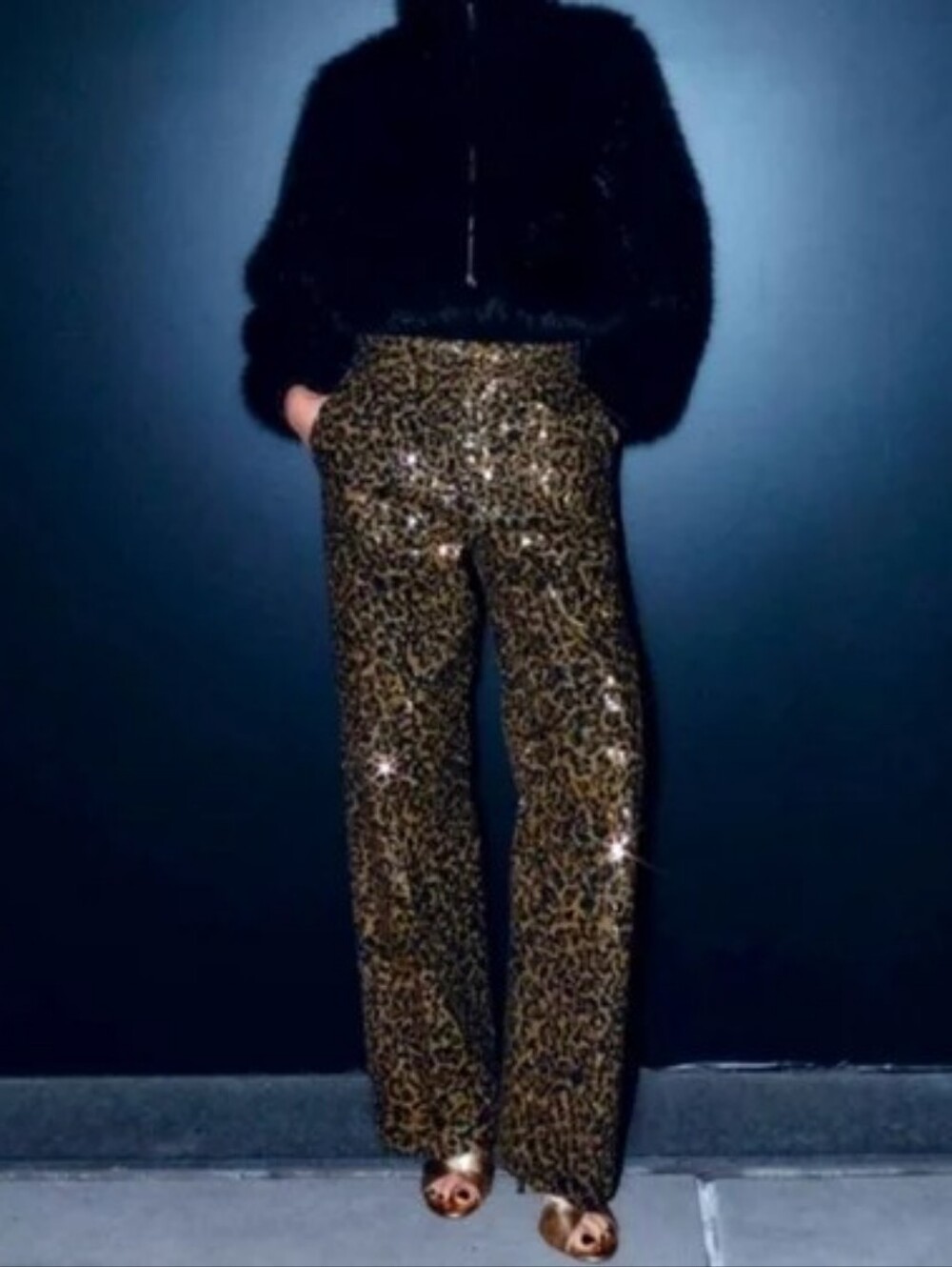 Zara Leopard Sequin Straight Leg Pants - Black & Gold